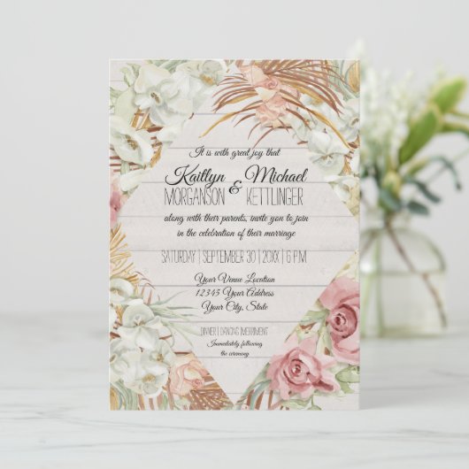 Rustic BOHO Tropical Pampas Greenery Blush Floral Kaart (Staand voorkant)