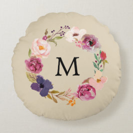 Rustic Boho Waterverf Floral Wreath Monogram Rond Kussen