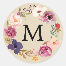 Rustic Boho Waterverf Floral Wreath Monogram Ronde Sticker