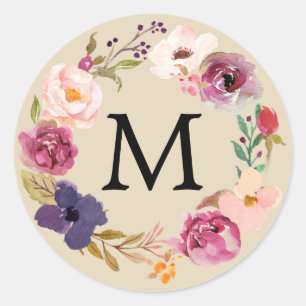Rustic Boho Waterverf Floral Wreath Monogram Ronde Sticker