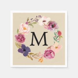 Rustic Boho Waterverf Floral Wreath Monogram Servet