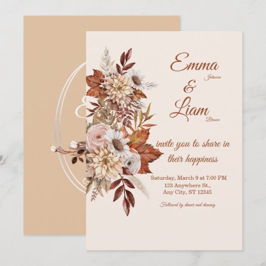 Rustic Boho Wedding Invitation | Beige Floral Card (Devant / Derrière)
