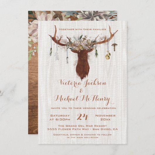 Rustic Boho Wedding Invitation met hertengeweien Kaart (Voorkant / Achterkant)