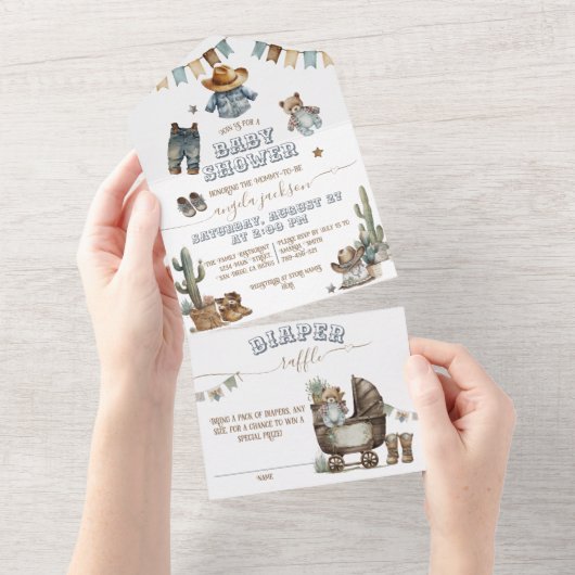 Rustic Boho Wild West Boy Baby shower All In One Uitnodiging (Afscheurbaar)