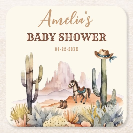 Rustic Boho Wild West Boy Baby shower Vierkante Kartonnen Onderzetter (Voorkant)