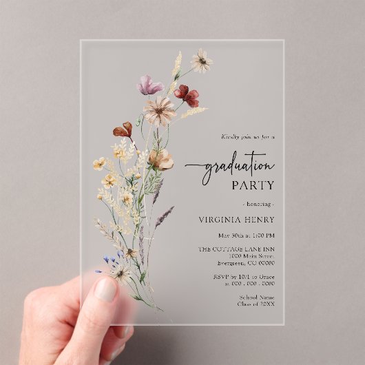 Rustic Boho Wildflower Afstuderen Acryl Uitnodigingen (Insitu (Draagbaar))