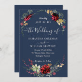Rustic Boho Wildflower Elegant Navy Blue Wedding Kaart (Voorkant / Achterkant)