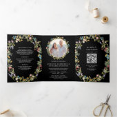 Rustic Boho Wildflower Foto QR Code Black Weddensc Drieluik Uitnodiging (Binnen)