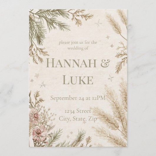 Rustic Boho Winter Wedding Invitation with Snow Kaart (Voorkant)