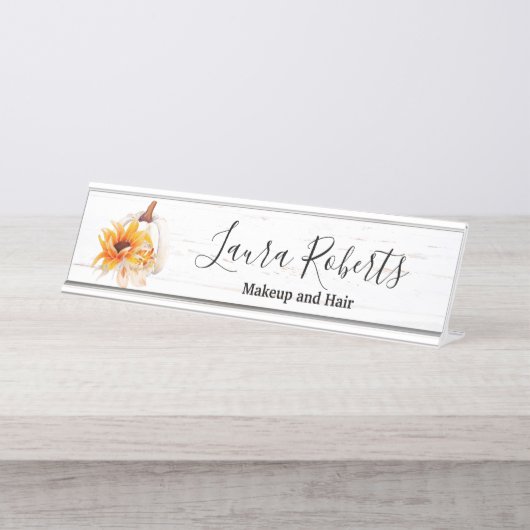 Rustic Boho Wood Waterverf Sunflower Pumpkin Bureau Naambordje (Voorkant)