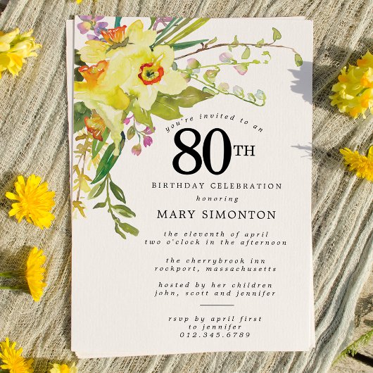 Rustic Boho Yellow Daffodil 80th Birthday Kaart