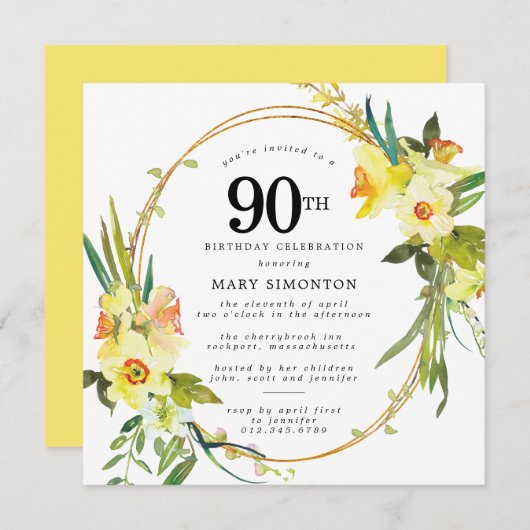Rustic Boho Yellow Daffodil 90th Birthday Kaart (Voorkant / Achterkant)