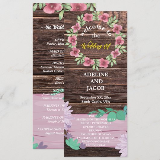 Rustic Bois floral Script programme de mariage (Devant / Derrière)