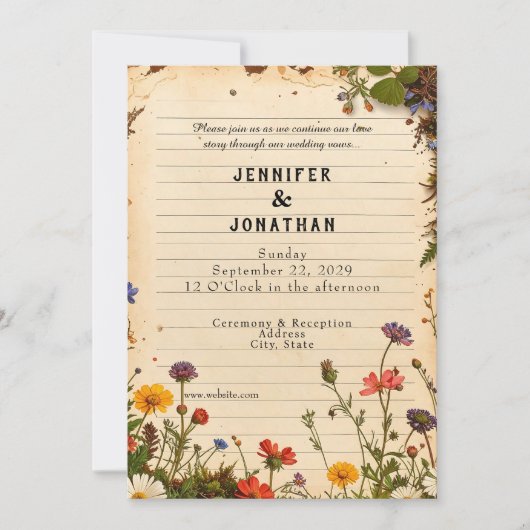 Rustic Book Lovers Print Floral Wedding Invitation (Devant)