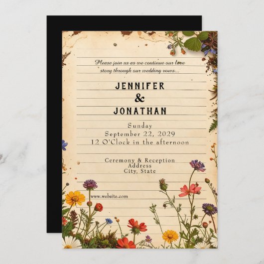 Rustic Book Lovers Print Floral Wedding Invitation (Devant / Derrière)