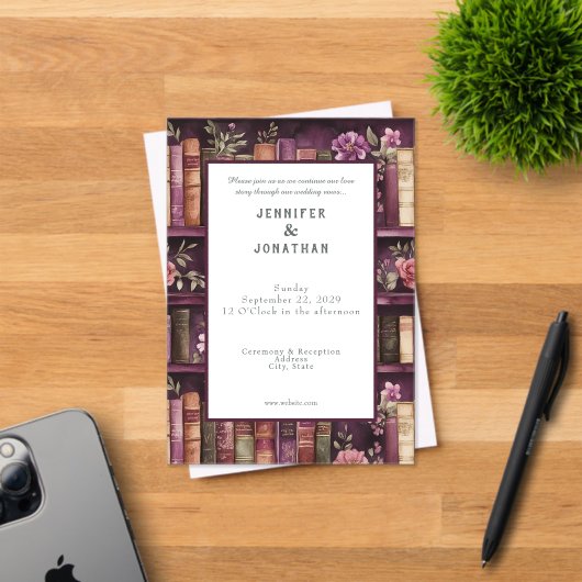 Rustic Book Lovers Print Wedding Invitation (Insitu (Carte d'invitation))