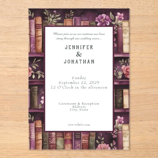 Rustic Book Lovers Print Wedding Invitation (Recto)