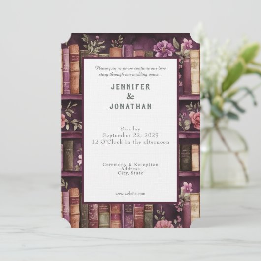 Rustic Book Lovers Print Wedding Invitation (Debout devant)