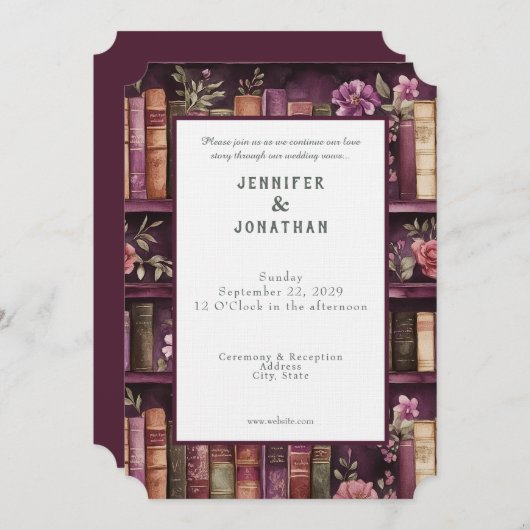 Rustic Book Lovers Print Wedding Invitation (Devant / Derrière)