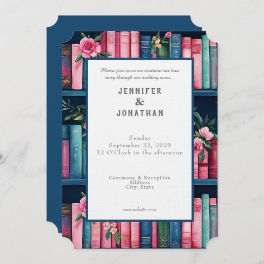 Rustic Book Lovers Print Wedding Invitation (Devant / Derrière)