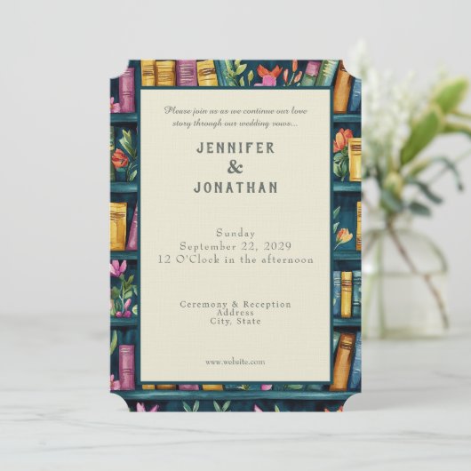 Rustic Book Lovers Print Wedding Invitation Kaart (Staand voorkant)