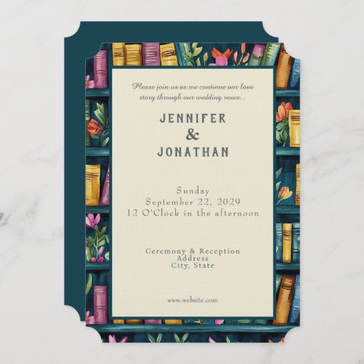 Rustic Book Lovers Print Wedding Invitation Kaart (Voorkant / Achterkant)