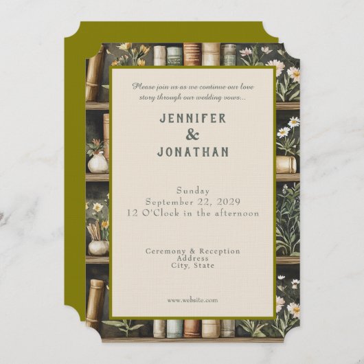 Rustic Book Lovers Print Wedding Invitation Kaart (Voorkant / Achterkant)