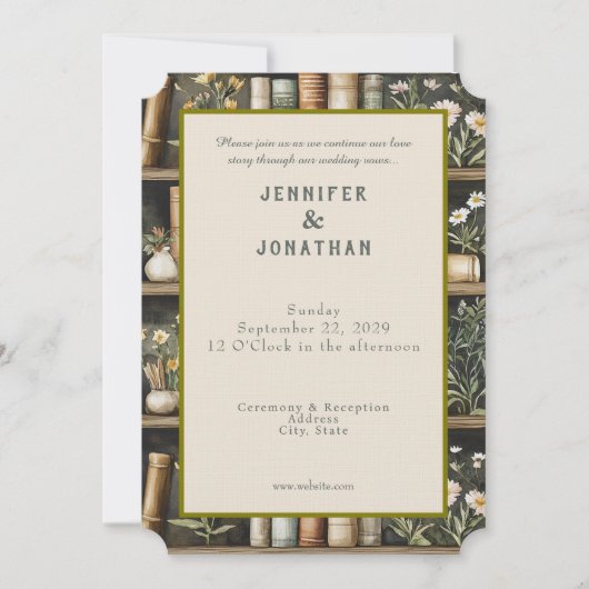Rustic Book Lovers Print Wedding Invitation Kaart (Voorkant)