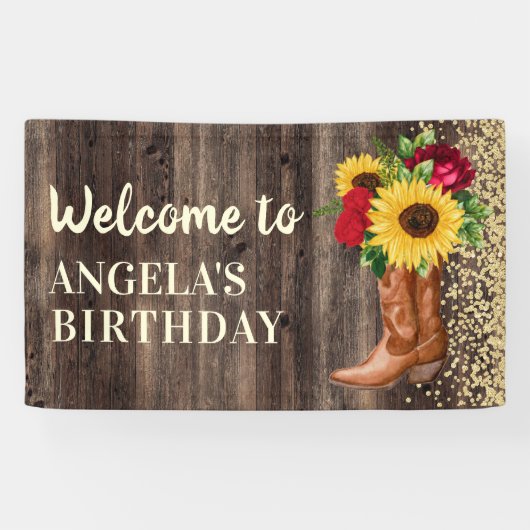 Rustic Boots Sunflower Red Roses Birthday Welkom Spandoek (Horizontaal)