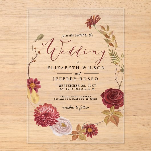 Rustic Botanical Autumn Fall Wedding Acryl Uitnodigingen (Voorkant)