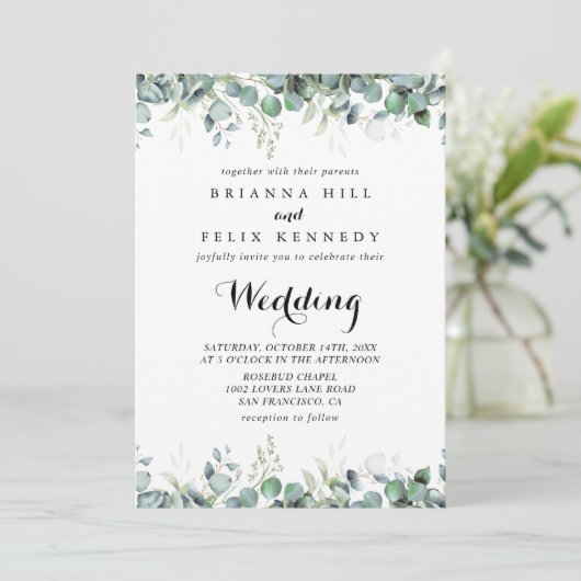 Rustic Botanical Eucalyptus Greenery Wedding Kaart (Staand voorkant)