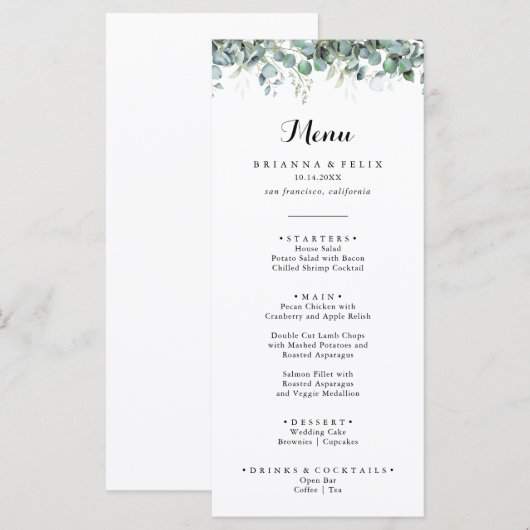Rustic Botanical Eucalyptus Greenery Wedding Menu (Voorkant / Achterkant)