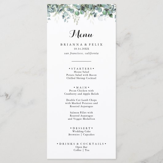 Rustic Botanical Eucalyptus Greenery Wedding Menu (Voorkant)