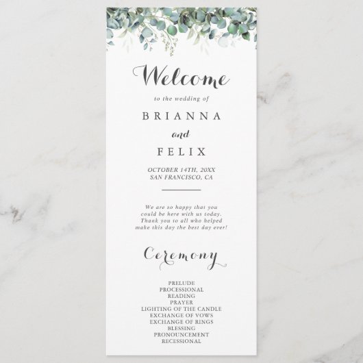 Rustic Botanical Eucalyptus Greenery Wedding Programma (Voorkant)