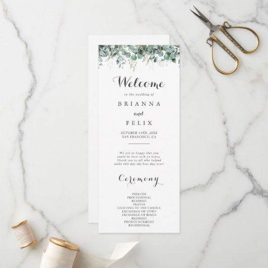 Rustic Botanical Eucalyptus Greenery Wedding Programma (Voorkant / Achterkant in situ)