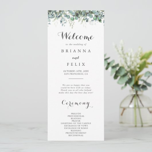Rustic Botanical Eucalyptus Greenery Wedding Programma (Staand voorkant)