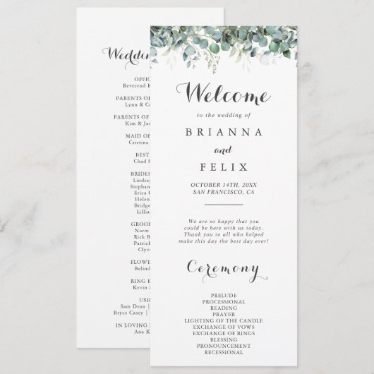 Rustic Botanical Eucalyptus Greenery Wedding Programma (Voorkant / Achterkant)