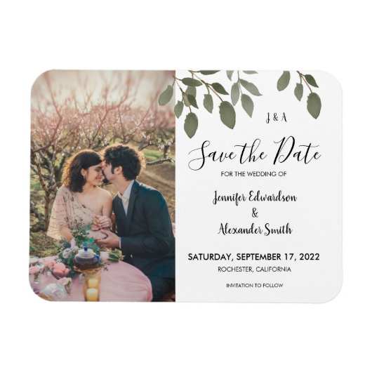 Rustic botanical monogram photo Save the Date Magneet (Horizontaal)