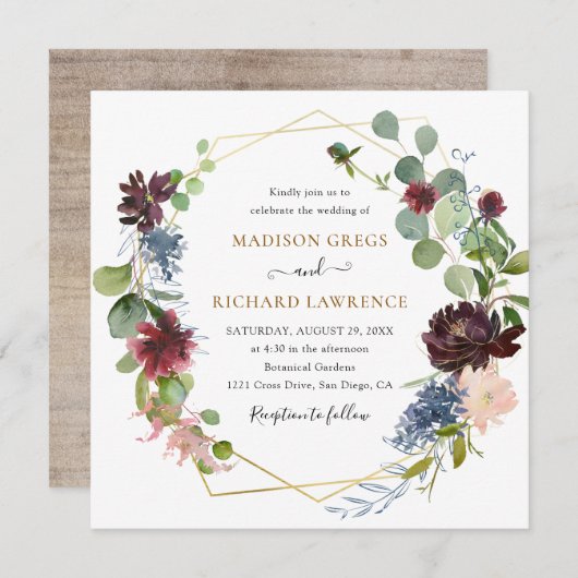 Rustic Bourgogne Florals Wedding Kaart (Voorkant / Achterkant)