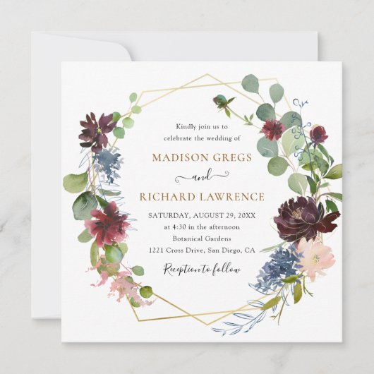 Rustic Bourgogne Florals Wedding Kaart (Voorkant)