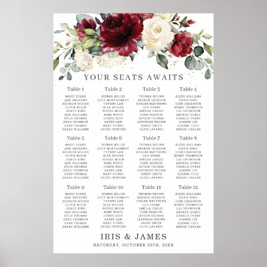 Rustic Bourgogne Ivory Floral Wedding Seating Char Poster (Voorkant)
