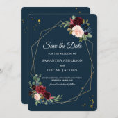 Rustic Bourgogne Lijst Blauw en Rode gouden bloeme Save The Date (Voorkant / Achterkant)