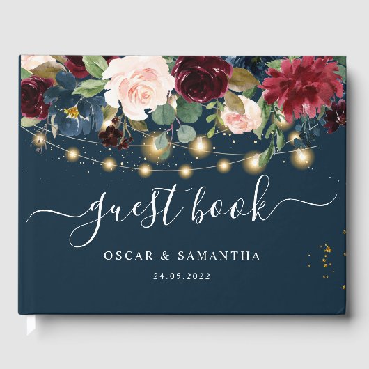 Rustic Bourgogne Navy Blue & Red Flowers & Lichten Gastenboek (Voorkant)