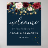 Rustic Bourgogne Navy Blue & Red Flowers & Lichten Poster (Voorkant)