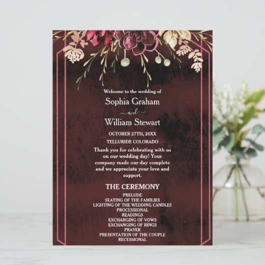 Rustic Bourgogne Waterverf Calligrafie bruiloft Programma (Staand voorkant)