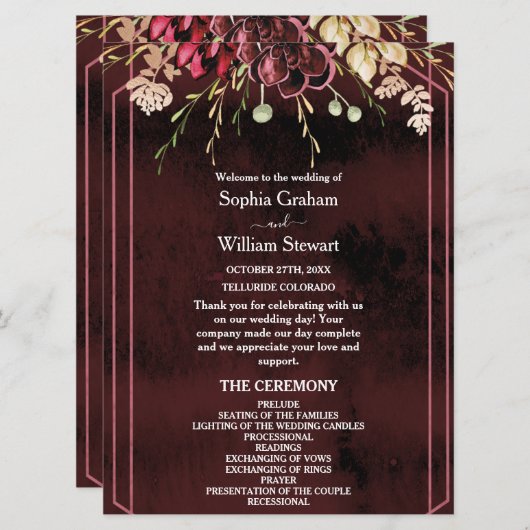 Rustic Bourgogne Waterverf Calligrafie bruiloft Programma (Voorkant / Achterkant)