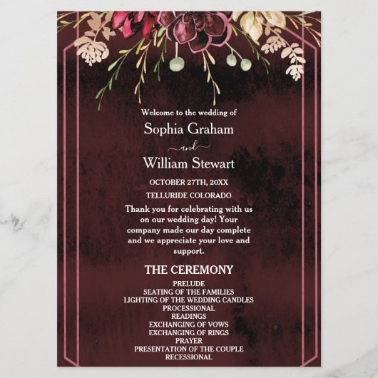 Rustic Bourgogne Waterverf Calligrafie bruiloft Programma (Voorkant)