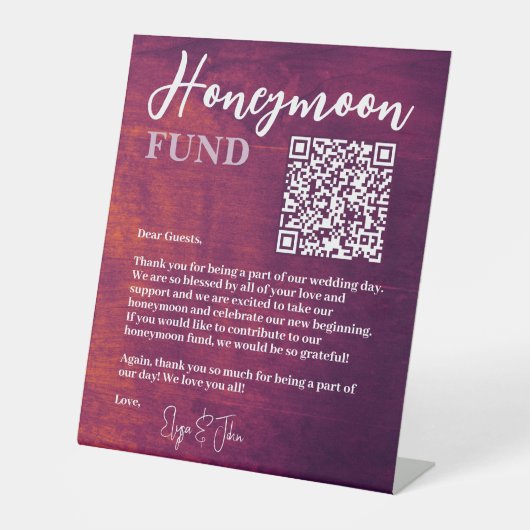 Rustic Bourgondië Elegante QR Code Huwelijkscadeau Reclamebord Met Voetstuk (Voorkant)