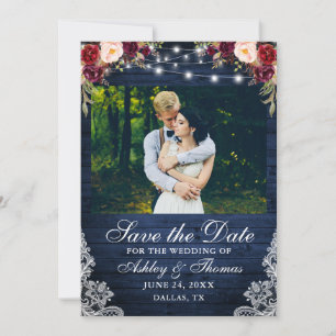 Rustic Bourgondië Floral Blauwe Houten Lichten Fot Save The Date