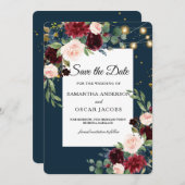 Rustic Bourgondië Navyblauw & Rode Bloemen  & Lich Save The Date (Voorkant / Achterkant)